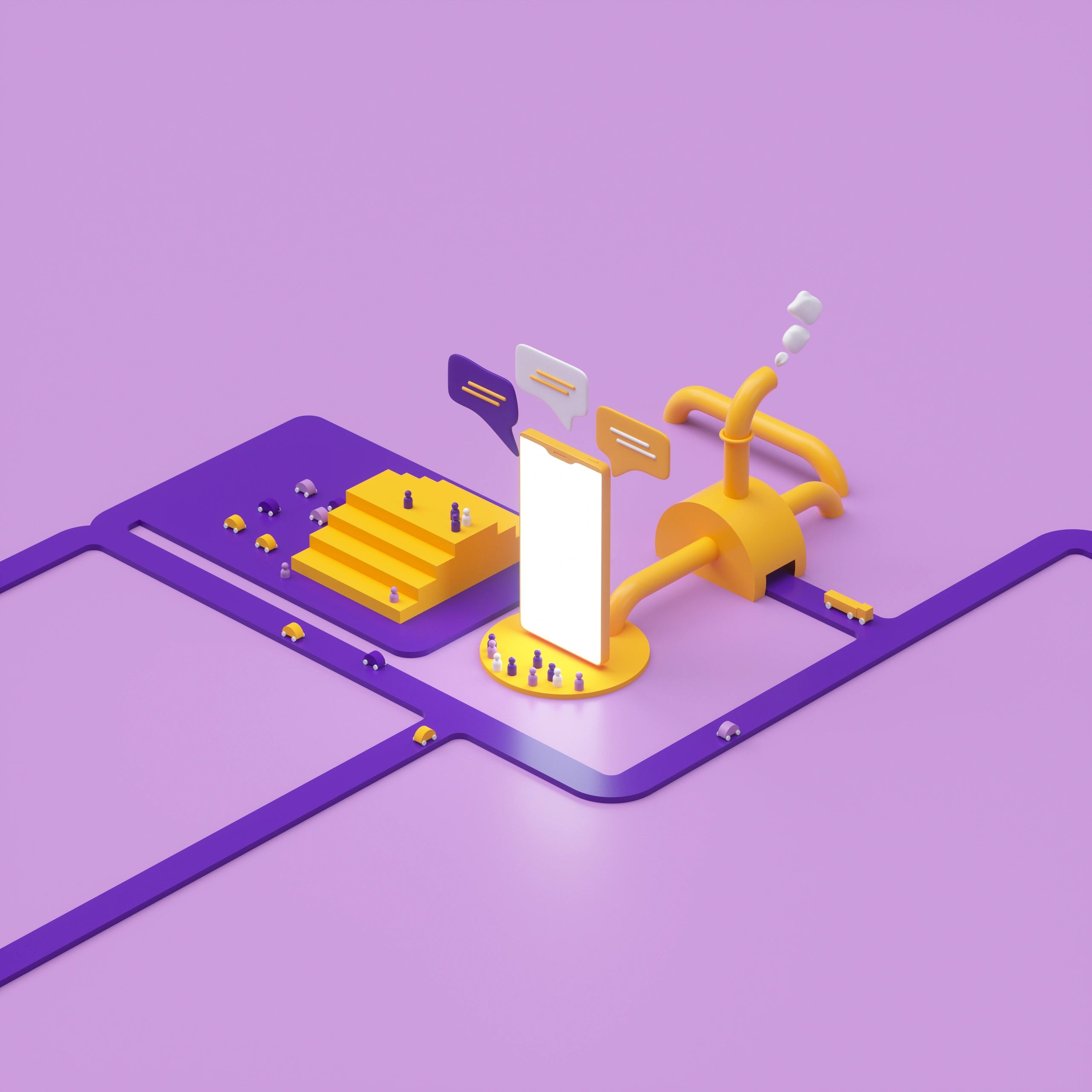 Minimal abstract AI management concept, purple editorial style